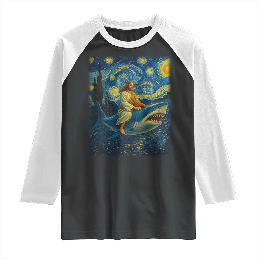 Jesus Shark Stary Night Raglan Shirt Artist Van Gogh Christian TS14 Black White Print Your Wear