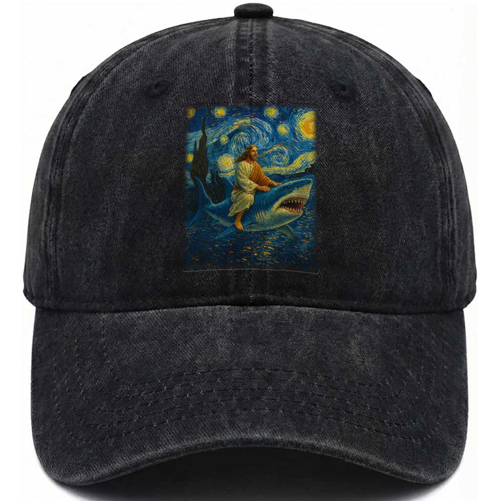Jesus Shark Stary Night Washed Cotton Baseball Cap Artist Van Gogh Christian TS14 Washed Cap Universal Fit Black Print Your Wear