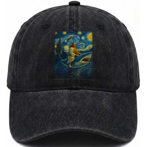 Jesus Shark Stary Night Washed Cotton Baseball Cap Artist Van Gogh Christian TS14 Washed Cap Universal Fit Black Print Your Wear