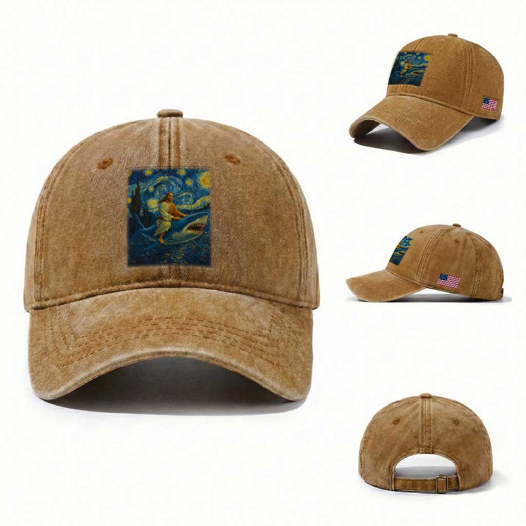 Jesus Shark Stary Night Washed Cotton Baseball Cap Artist Van Gogh Christian TS14 Washed Cap Universal Fit Yellow Ochre Print Your Wear
