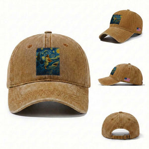 Jesus Shark Stary Night Washed Cotton Baseball Cap Artist Van Gogh Christian TS14 Washed Cap Universal Fit Yellow Ochre Print Your Wear