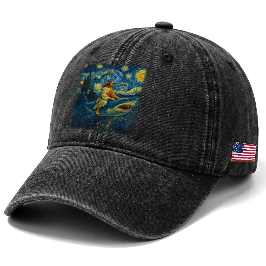 Jesus Shark Stary Night Washed Cotton Baseball Cap Artist Van Gogh Christian TS14 Print Your Wear