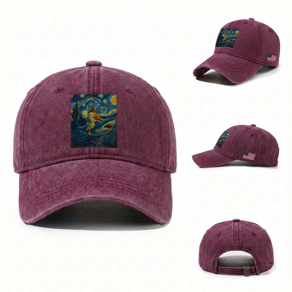 Jesus Shark Stary Night Washed Cotton Baseball Cap Artist Van Gogh Christian TS14 Washed Cap Universal Fit Burgundy Print Your Wear