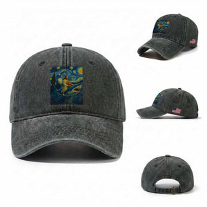 Jesus Shark Stary Night Washed Cotton Baseball Cap Artist Van Gogh Christian TS14 Washed Cap Universal Fit Dark Green Print Your Wear