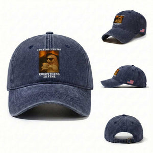 Funny Cat Meme Washed Cotton Baseball Cap It Is Fine I Am Fine Every Thing Is Fine TS14 Washed Cap Universal Fit Navy Print Your Wear