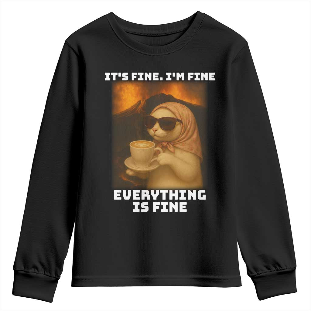 Funny Cat Meme Youth Sweatshirt It Is Fine I Am Fine Every Thing Is Fine TS14 Black Print Your Wear