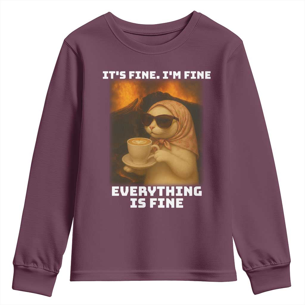 Funny Cat Meme Youth Sweatshirt It Is Fine I Am Fine Every Thing Is Fine TS14 Maroon Print Your Wear
