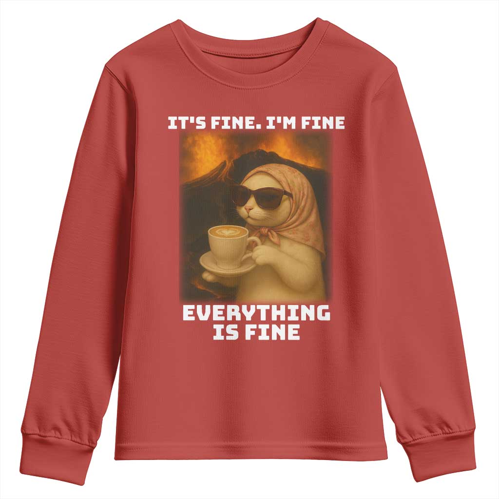 Funny Cat Meme Youth Sweatshirt It Is Fine I Am Fine Every Thing Is Fine TS14 Red Print Your Wear