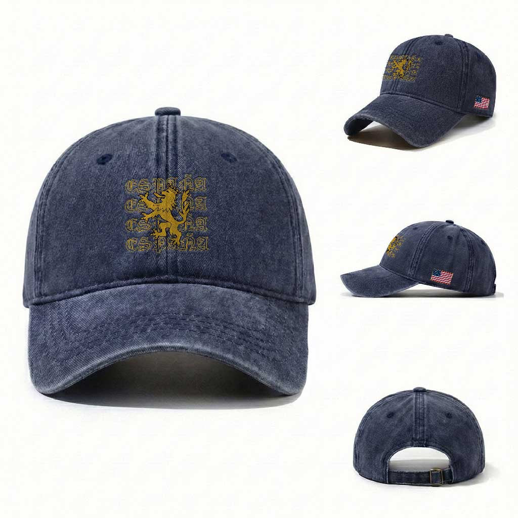 Spain Espana Heraldic Lion Pride Washed Cotton Baseball Cap TS14 Washed Cap Universal Fit Navy Print Your Wear