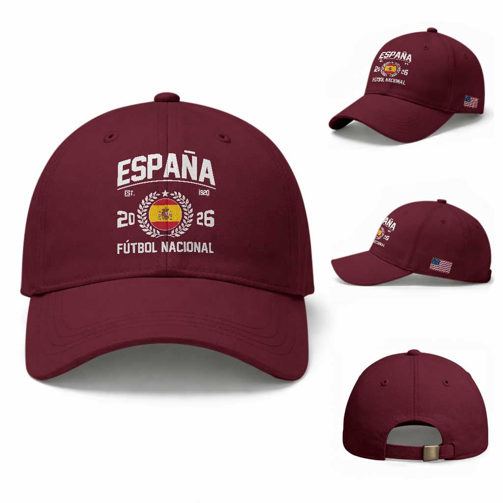 Spain 2026 Soccer Football Fan Spanish Flag Baseball Cap TS14 Baseball Cap Universal Fit Maroon Print Your Wear