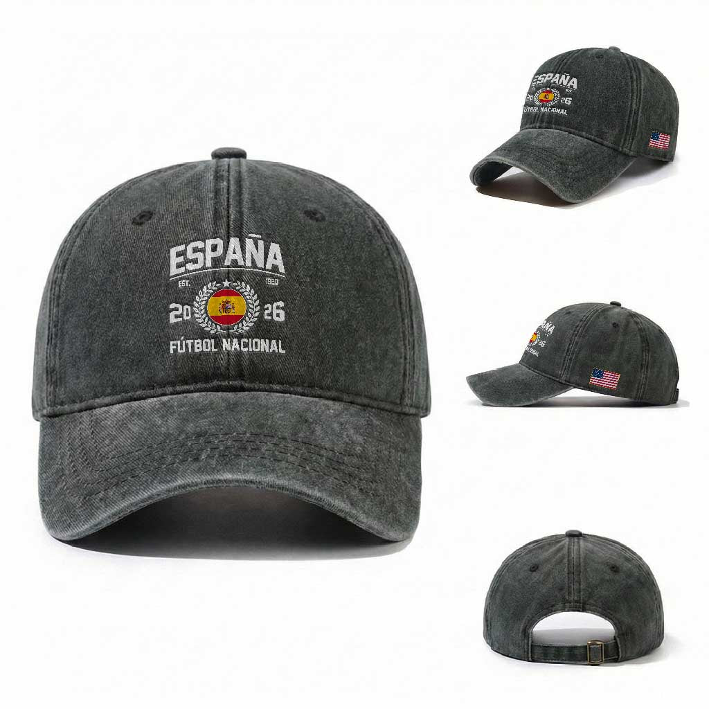 Spain 2026 Soccer Football Fan Spanish Flag Washed Cotton Baseball Cap TS14 Washed Cap Universal Fit Dark Green Print Your Wear