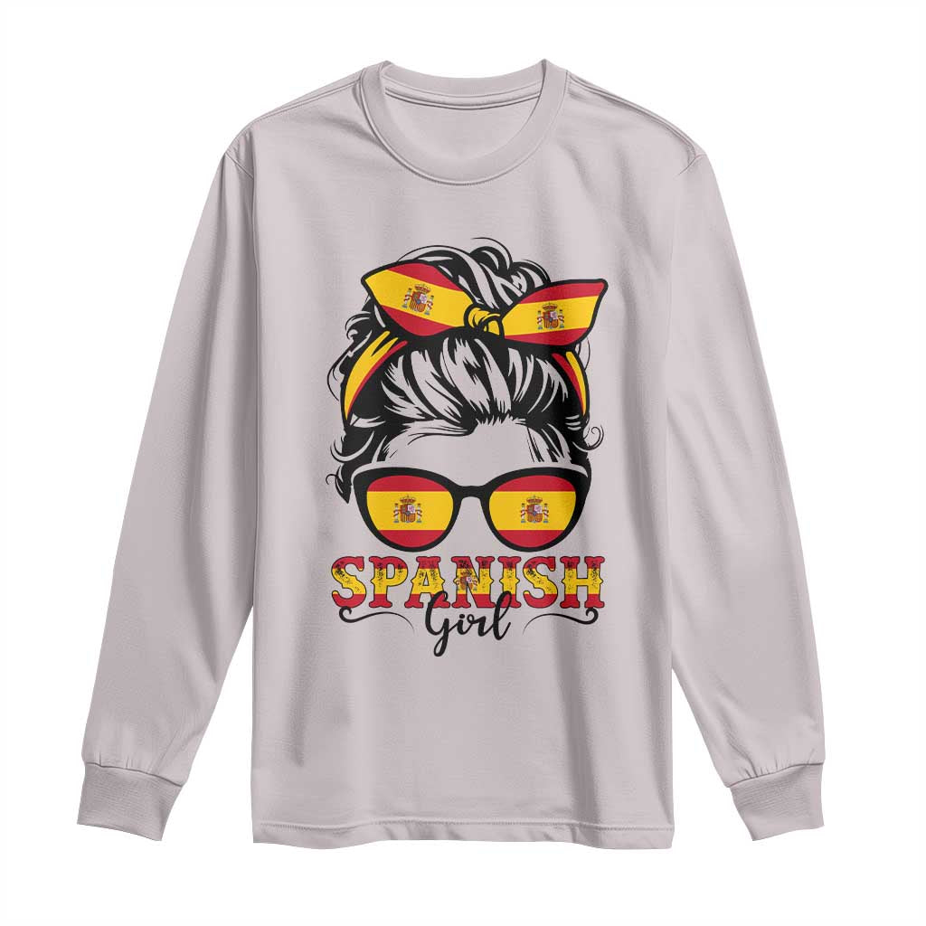 Espana Spain Messy Bun Girl Spanish Flag Long Sleeve Shirt TS14 Ice Gray Print Your Wear