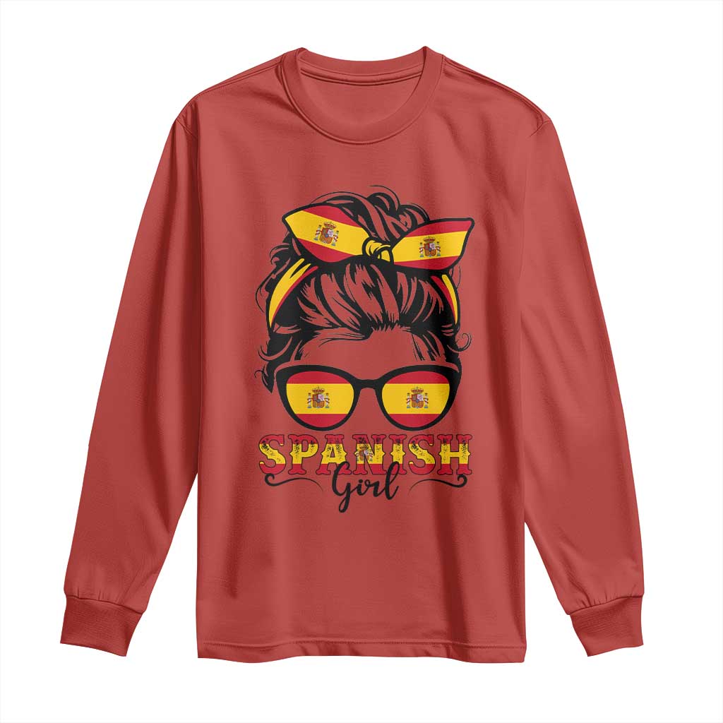 Espana Spain Messy Bun Girl Spanish Flag Long Sleeve Shirt TS14 Red Print Your Wear