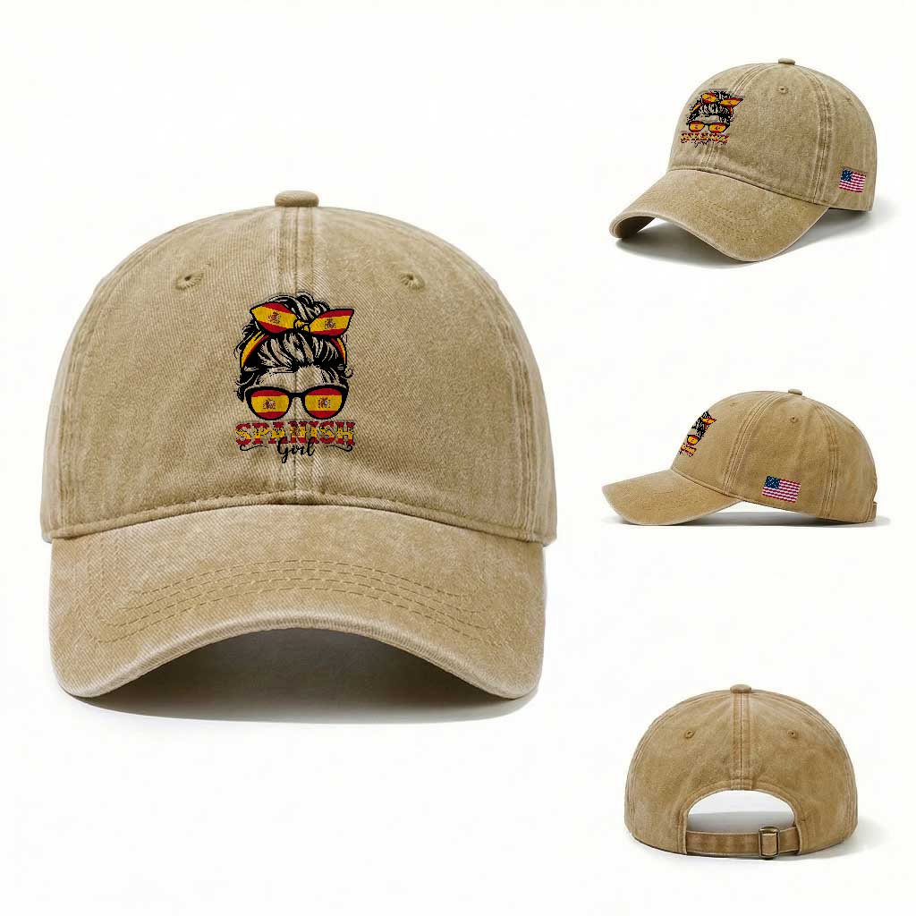 Espana Spain Messy Bun Girl Spanish Flag Washed Cotton Baseball Cap TS14 Washed Cap Universal Fit Khaki Print Your Wear