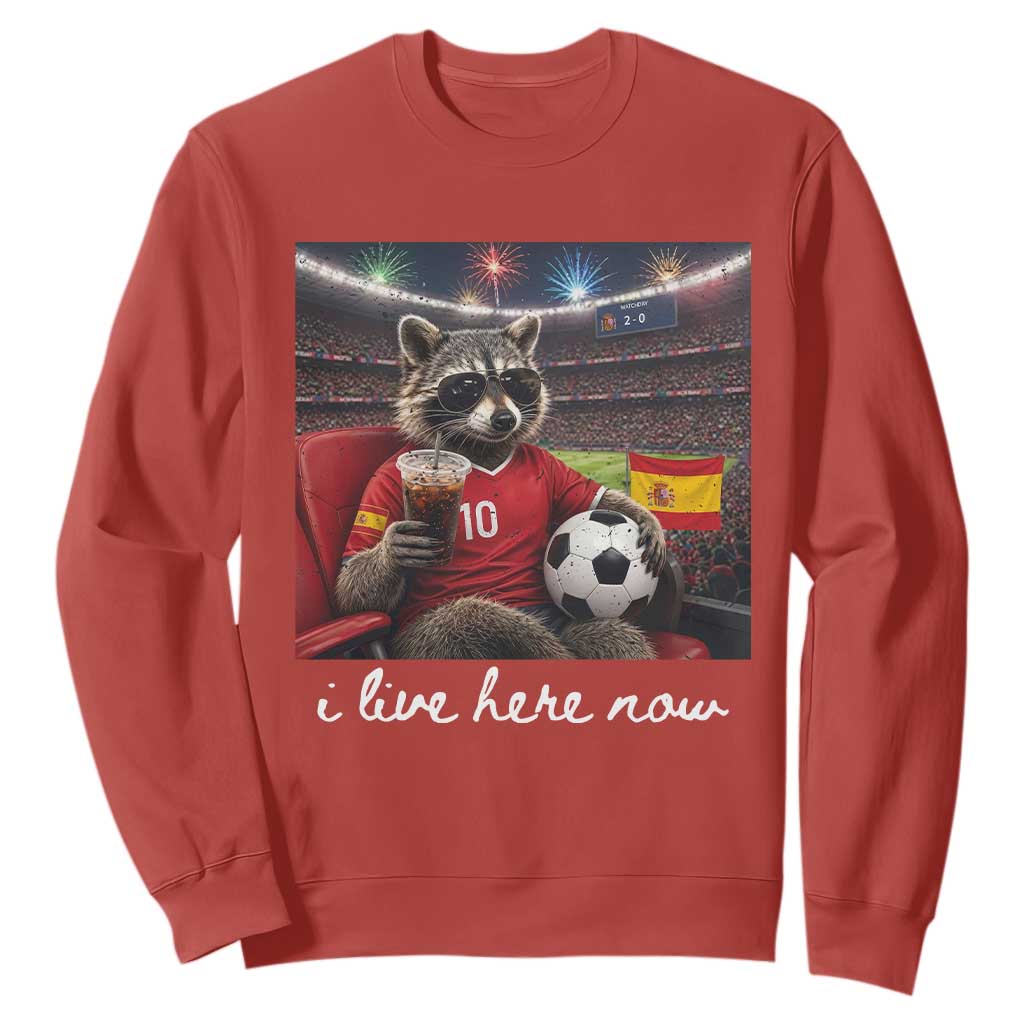Espana Spain Soccer Football Fan Spanish Flag Sweatshirt Funny Raccoon I Live Here Now TS14 Red Print Your Wear