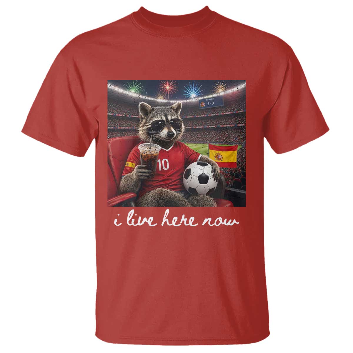 Espana Spain Soccer Football Fan Spanish Flag T Shirt Funny Raccoon I Live Here Now TS14 Red Print Your Wear