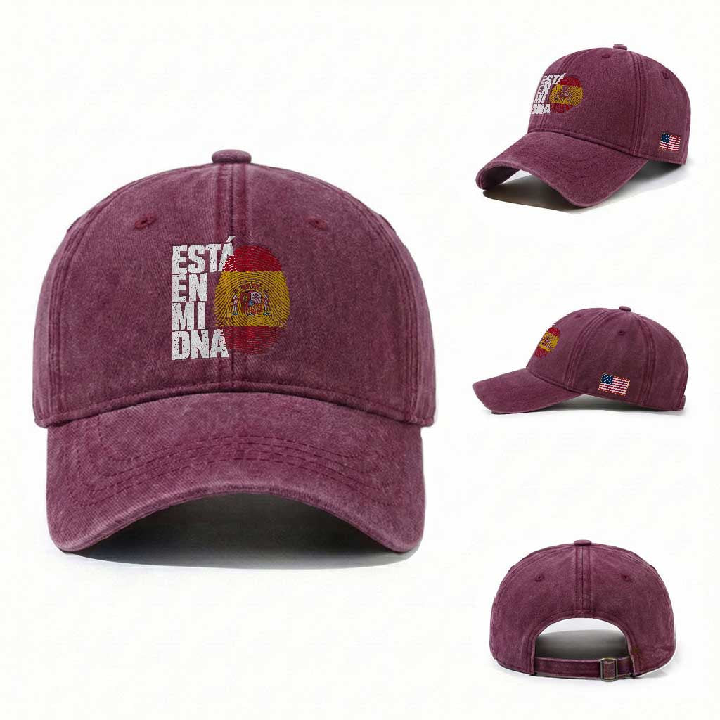 It's in My DNA Espana Spain Spanish Flag Pride Washed Cotton Baseball Cap TS14 Washed Cap Universal Fit Burgundy Print Your Wear