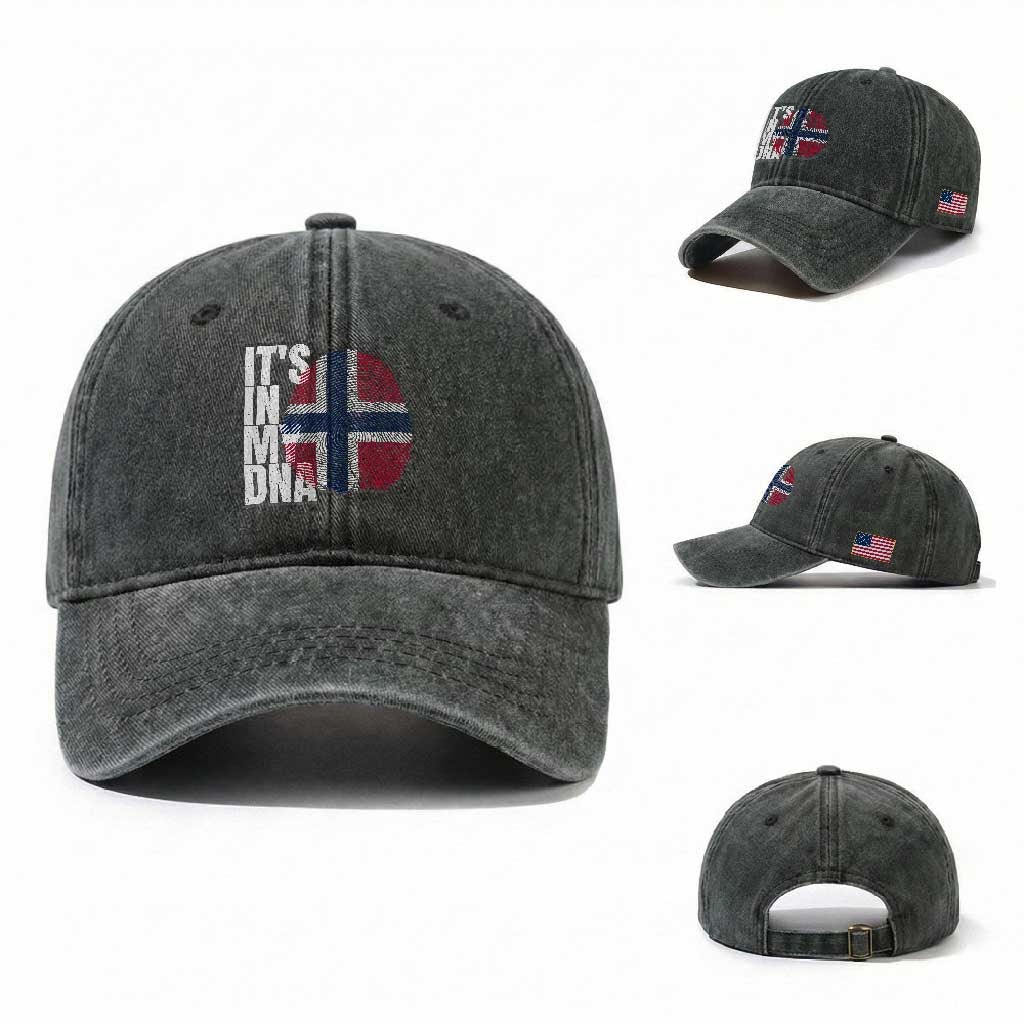 It's in My DNA Norway Norwegian Flag Pride Washed Cotton Baseball Cap TS14 Washed Cap Universal Fit Dark Green Print Your Wear