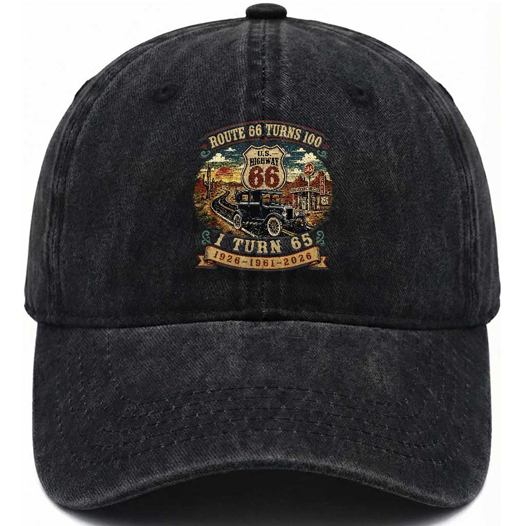 Route Highway 66 Turns 100 I Turn 65 Washed Cotton Baseball Cap Vintage 1961 Road Sign Antique Car Lover 65th Birthday Gift TS14 Print Your Wear