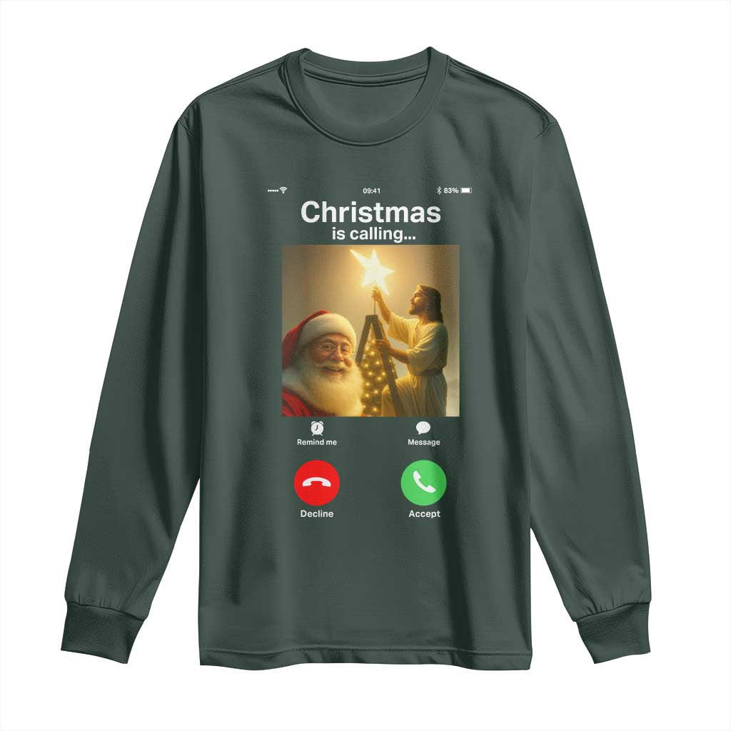Funny Santa Jesus Video Call Long Sleeve Shirt TS14 Dark Forest Green Print Your Wear