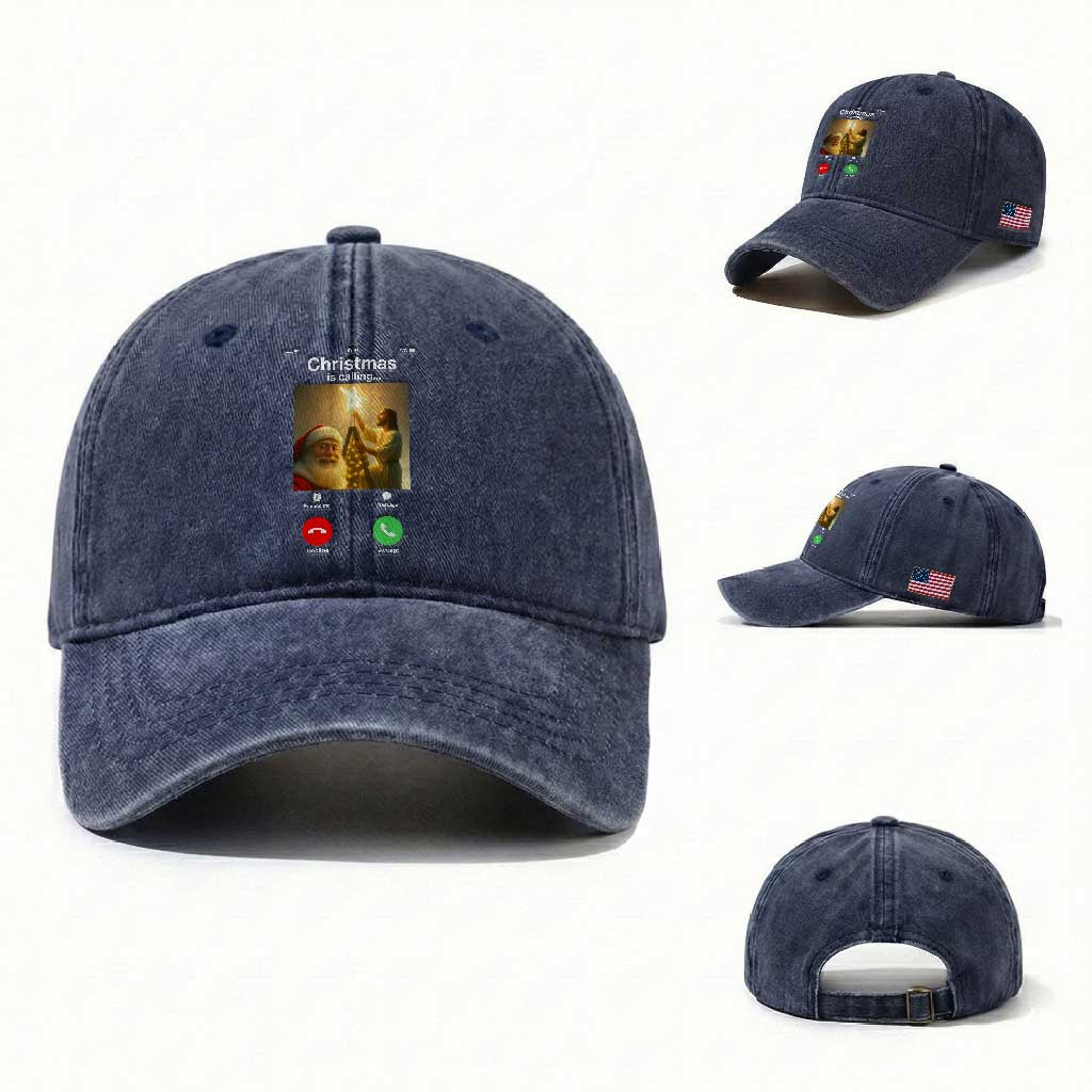 Funny Santa Jesus Video Call Washed Cotton Baseball Cap TS14 Washed Cap Universal Fit Navy Print Your Wear