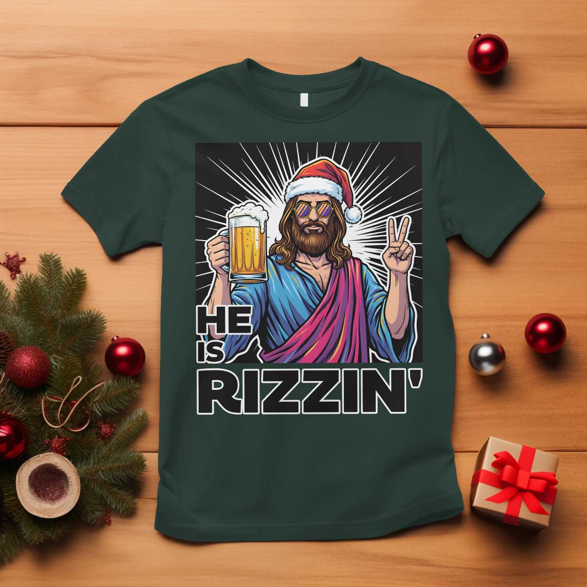 Jesus Christmas T Shirt Funny Drinking Beer Xmas Holiday TS14 Dark Forest Green Print Your Wear