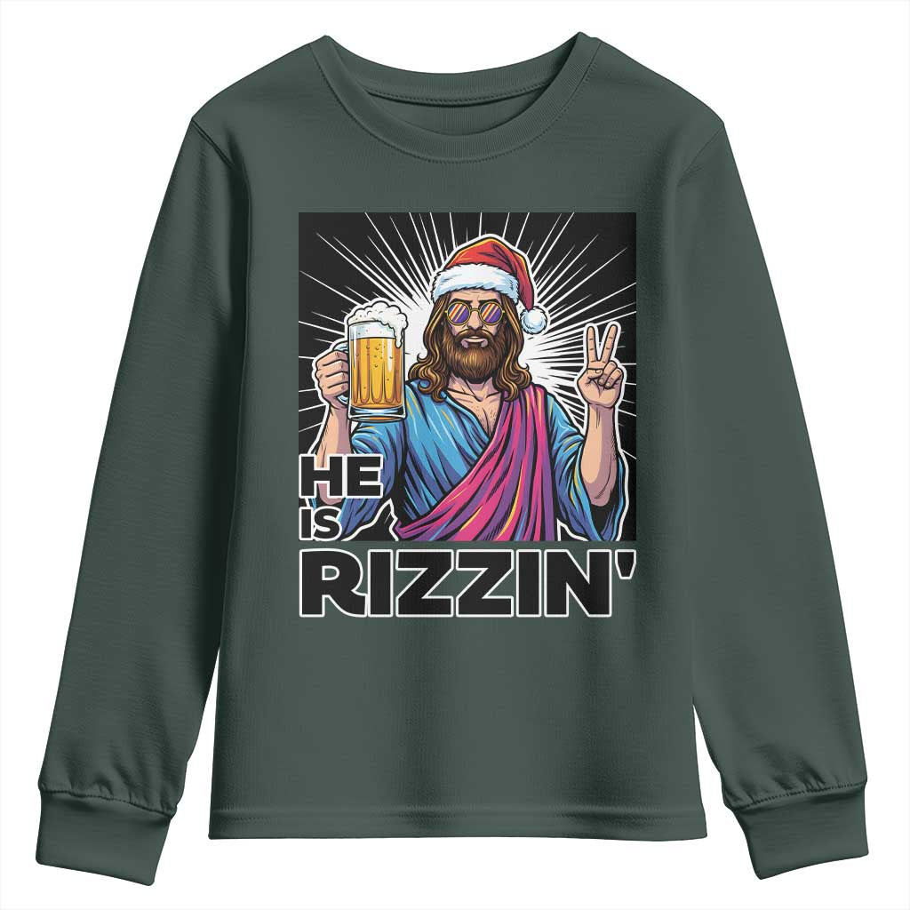 Jesus Christmas Youth Sweatshirt Funny Drinking Beer Xmas Holiday TS14 Dark Forest Green Print Your Wear