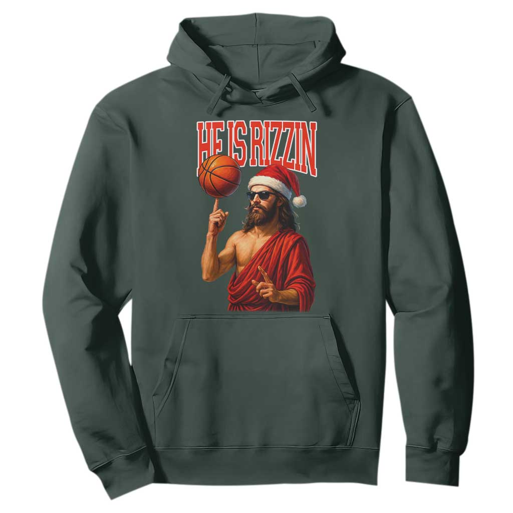 Jesus Basketball Christmas Hoodie He Is Rizzin TS14 Dark Forest Green Print Your Wear
