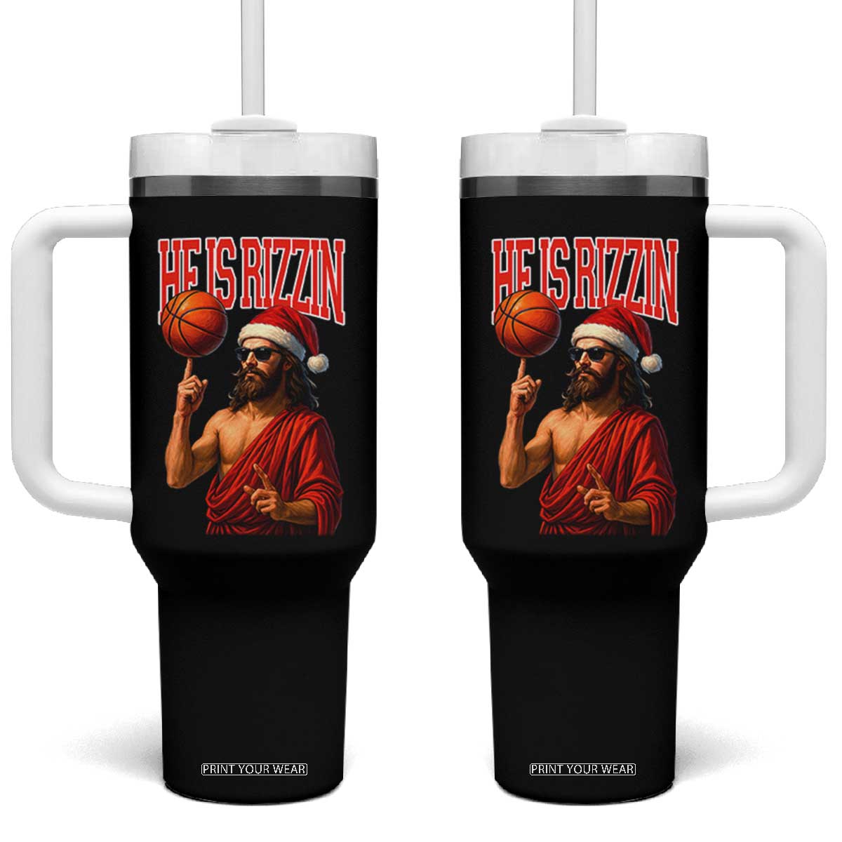 Jesus Basketball Christmas Tumbler With Handle He Is Rizzin TS14 One Size: 40 oz Black Print Your Wear