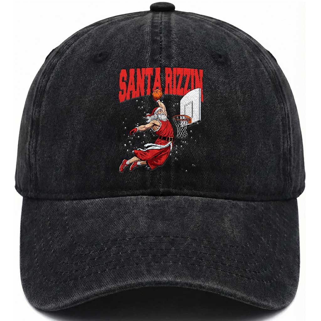 Santa Basketball Christmas Washed Cotton Baseball Cap He Is Rizzin TS14 Washed Cap Universal Fit Black Print Your Wear