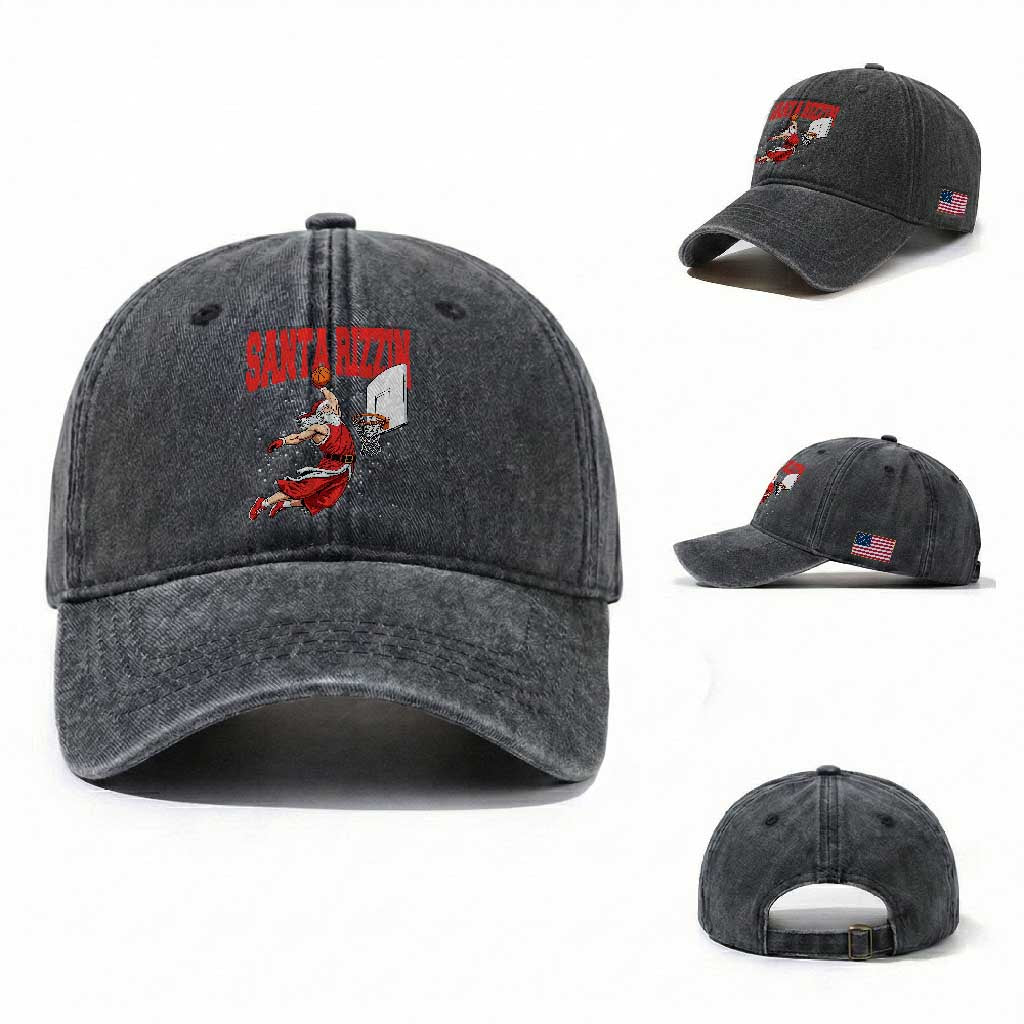 Santa Basketball Christmas Washed Cotton Baseball Cap He Is Rizzin TS14 Washed Cap Universal Fit Dark Gray Print Your Wear