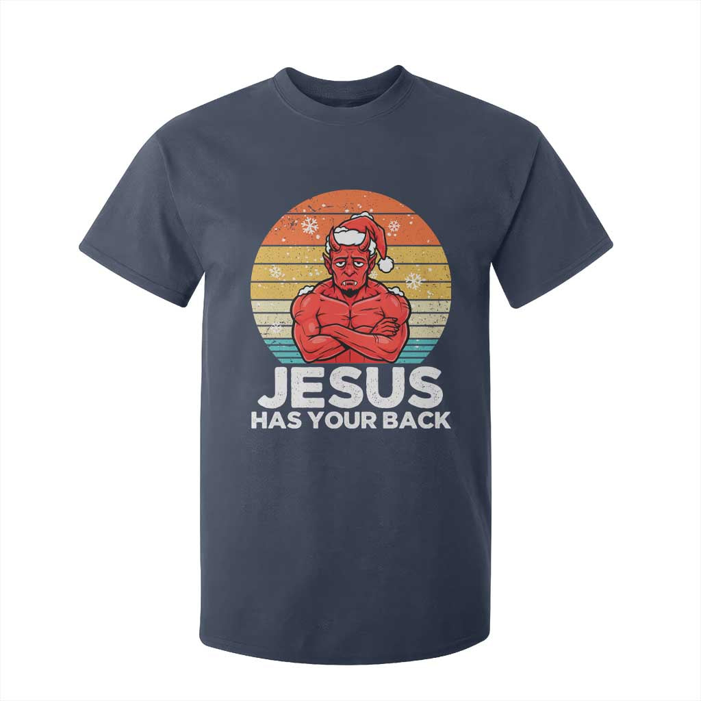 Funny Satan Christmas T Shirt For Kid Jesus Has Your Back TS14 Navy Print Your Wear