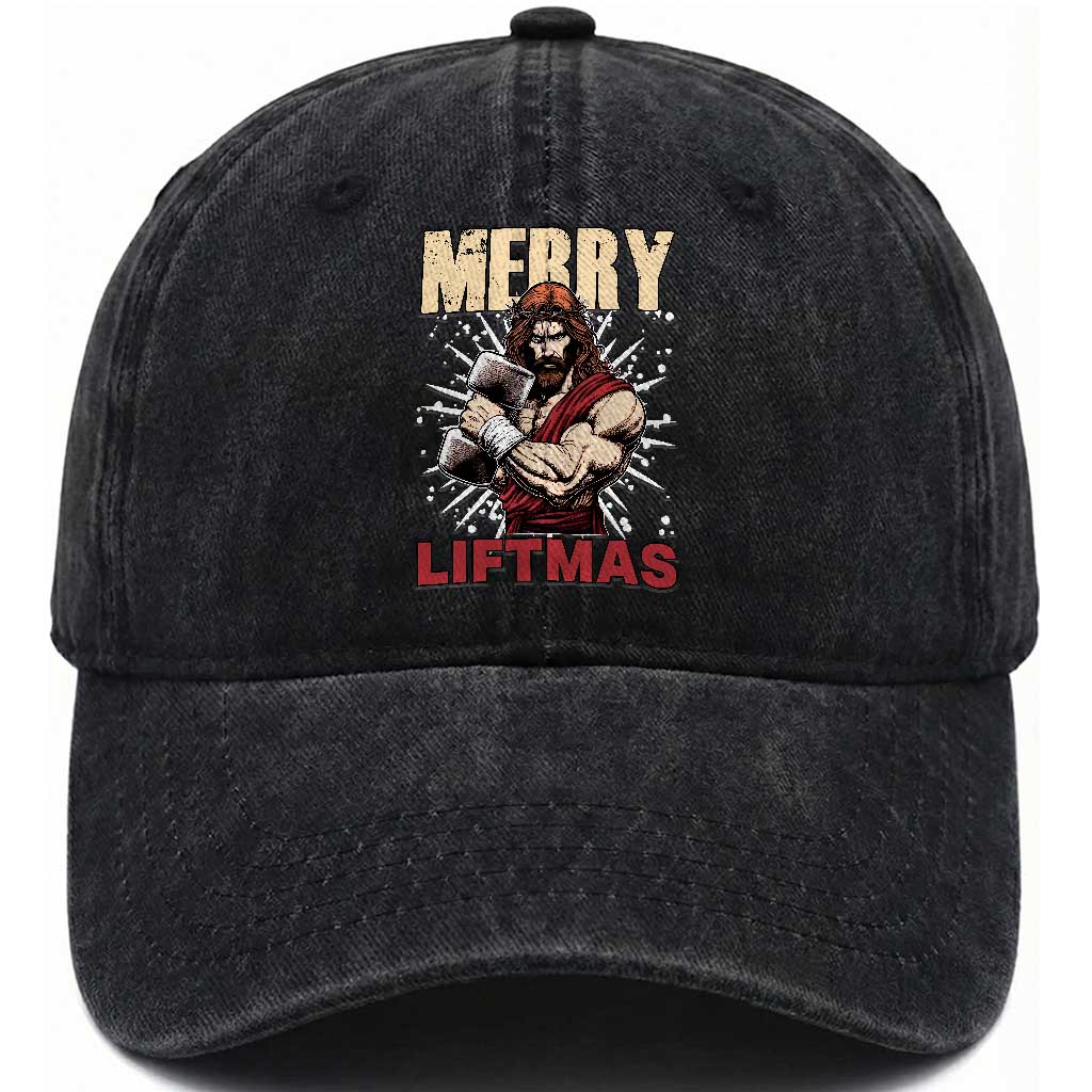 Jesus Gym Christmas Washed Cotton Baseball Cap Merry Liftmas Xmas TS14 Washed Cap Universal Fit Black Print Your Wear