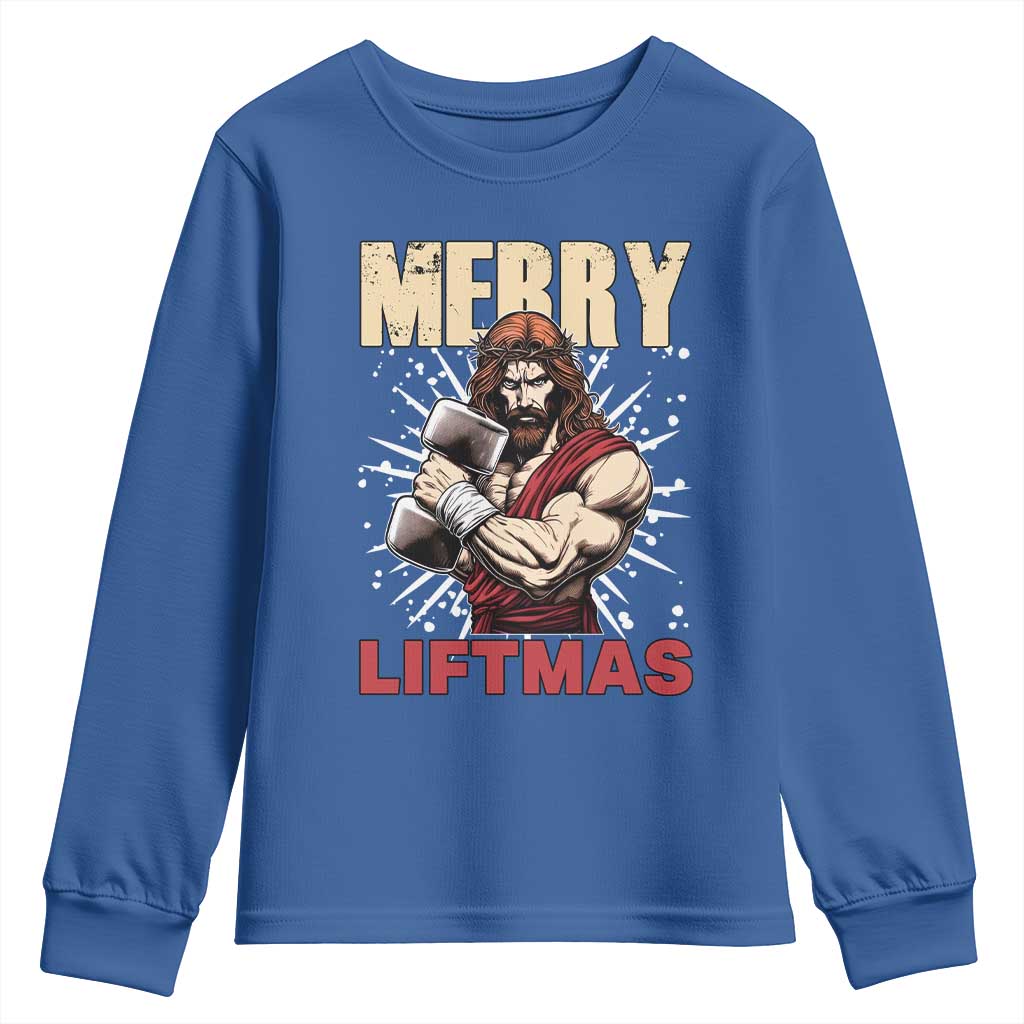 Jesus Gym Christmas Youth Sweatshirt Merry Liftmas Xmas TS14 Royal Blue Print Your Wear