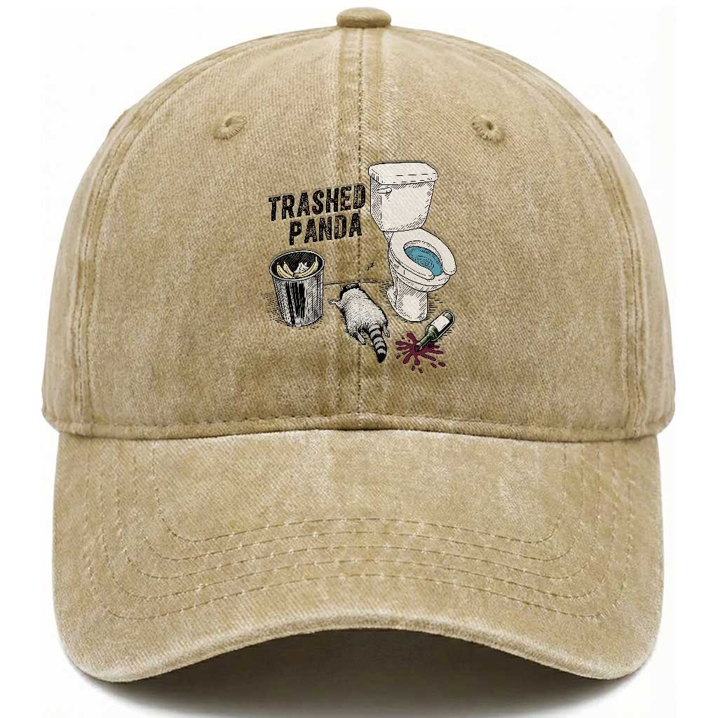 Trashed Panda Washed Cotton Baseball Cap Funny Drunk Racoon Meme TS14 Washed Cap Universal Fit Khaki Print Your Wear