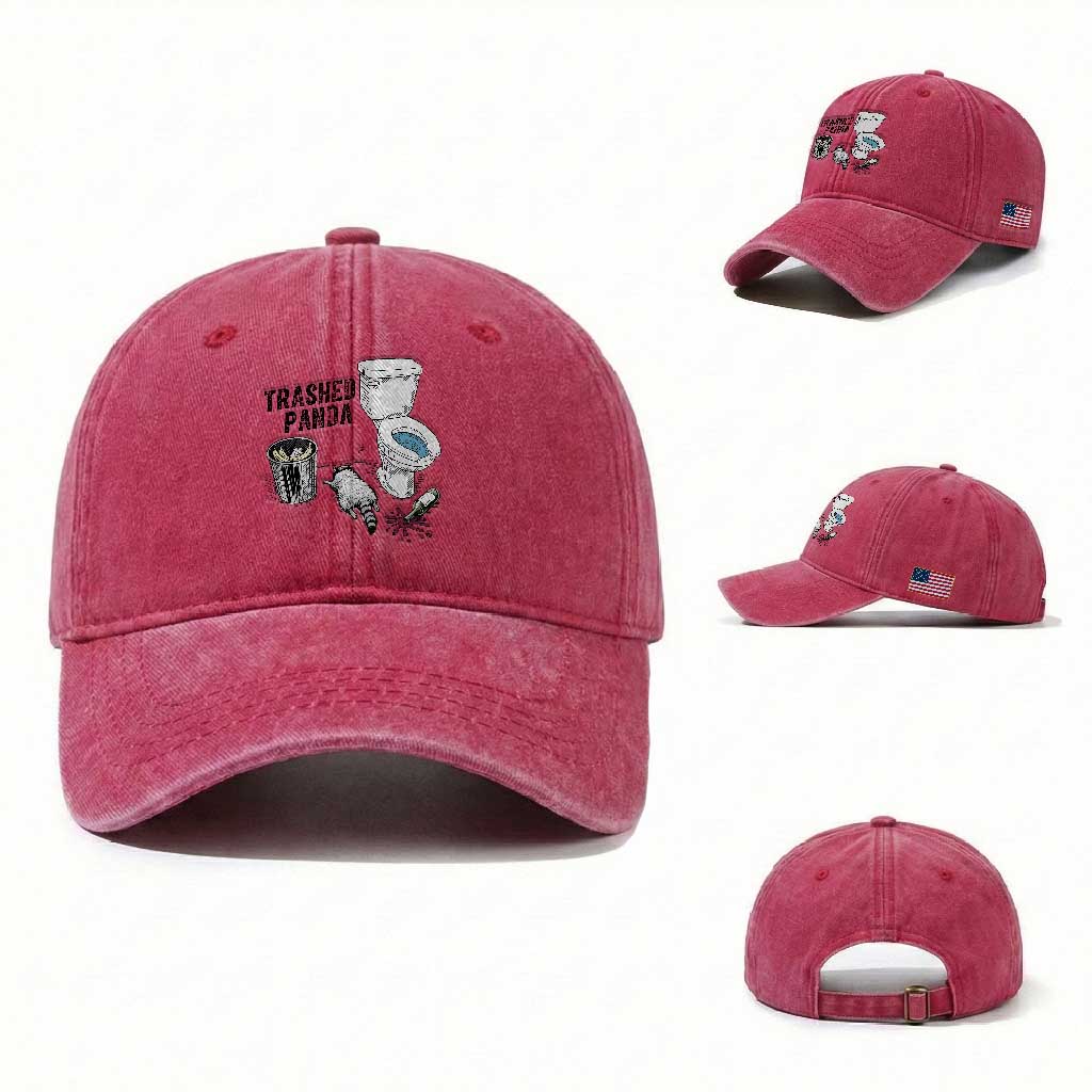 Trashed Panda Washed Cotton Baseball Cap Funny Drunk Racoon Meme TS14 Washed Cap Universal Fit Red Print Your Wear