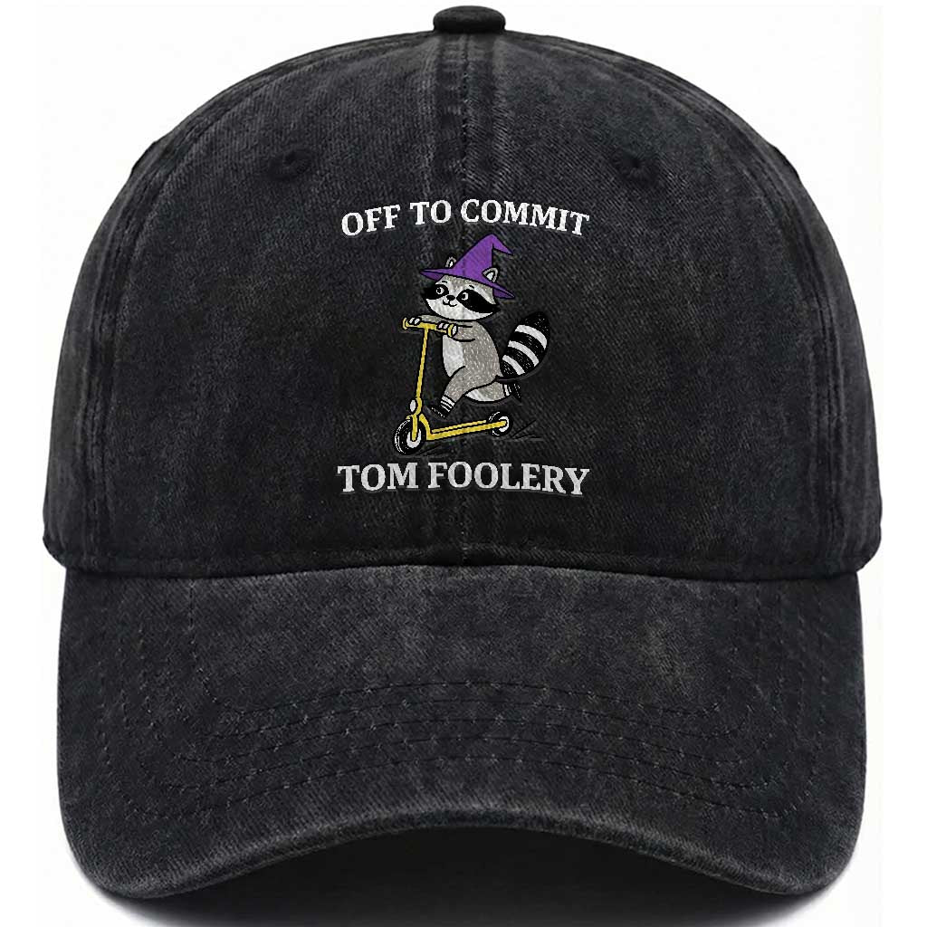 Funny Raccoon Scooter Meme Washed Cotton Baseball Cap Off To Commit Tom Foolery TS14 Washed Cap Universal Fit Black Print Your Wear
