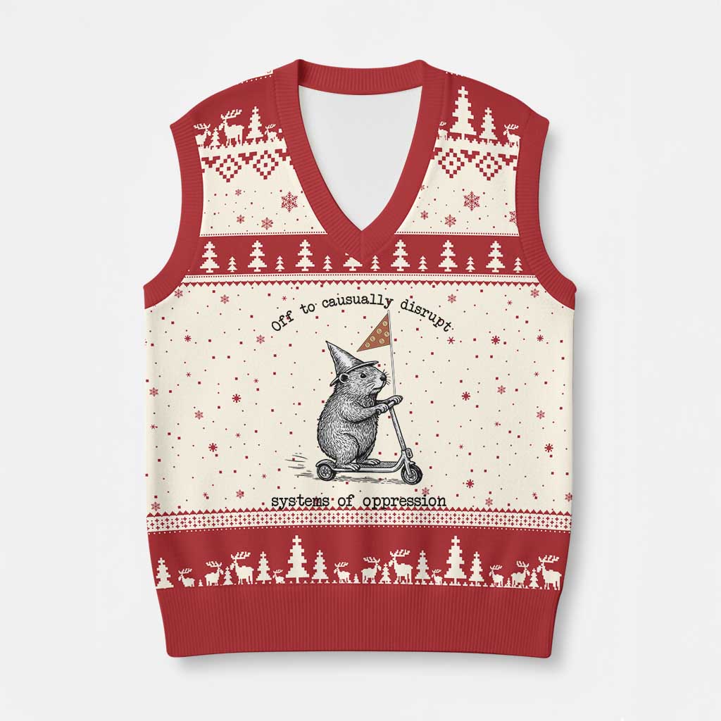 Funny Groundhog Scooter Meme V-Neck Knit Sweater Vest Off To Causually Disrupt System Of Oppression TS14 Beige Red Print Your Wear