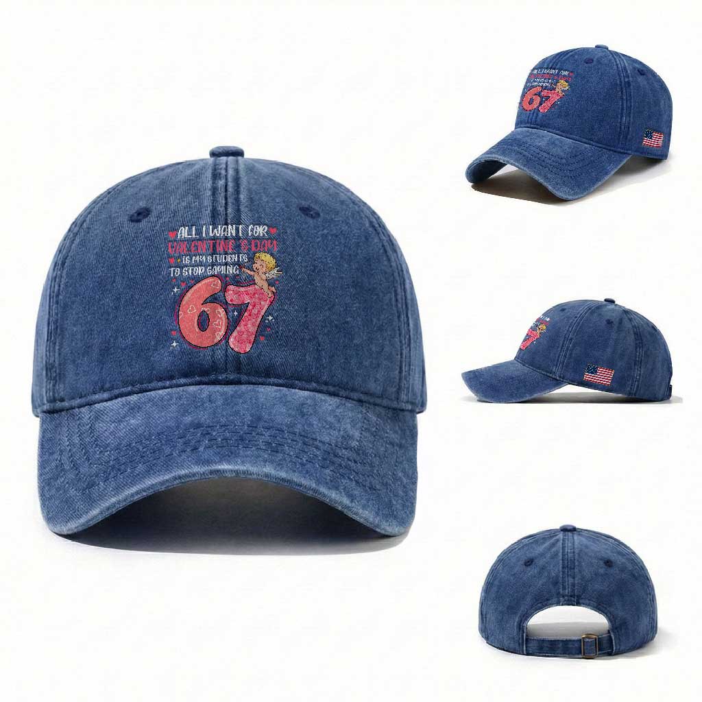 67 Valetines Meme Washed Cotton Baseball Cap Funny Teacher Sayings Six Seven TS14 Washed Cap Universal Fit Royal Blue Print Your Wear