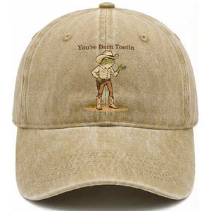 You're Darn Tootin Washed Cotton Baseball Cap Funny Cowboy Frog Meme TS14 Washed Cap Universal Fit Khaki Print Your Wear