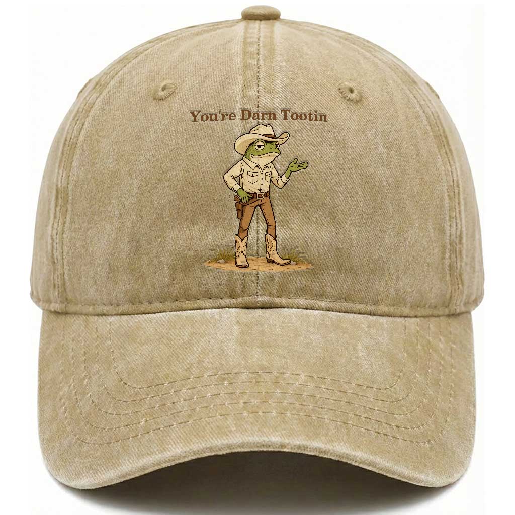 You're Darn Tootin Washed Cotton Baseball Cap Funny Cowboy Frog Meme TS14 Washed Cap Universal Fit Khaki Print Your Wear