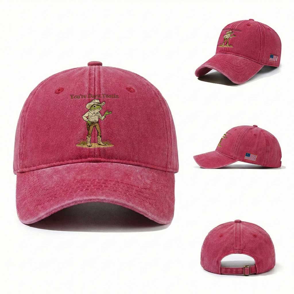 You're Darn Tootin Washed Cotton Baseball Cap Funny Cowboy Frog Meme TS14 Washed Cap Universal Fit Red Print Your Wear