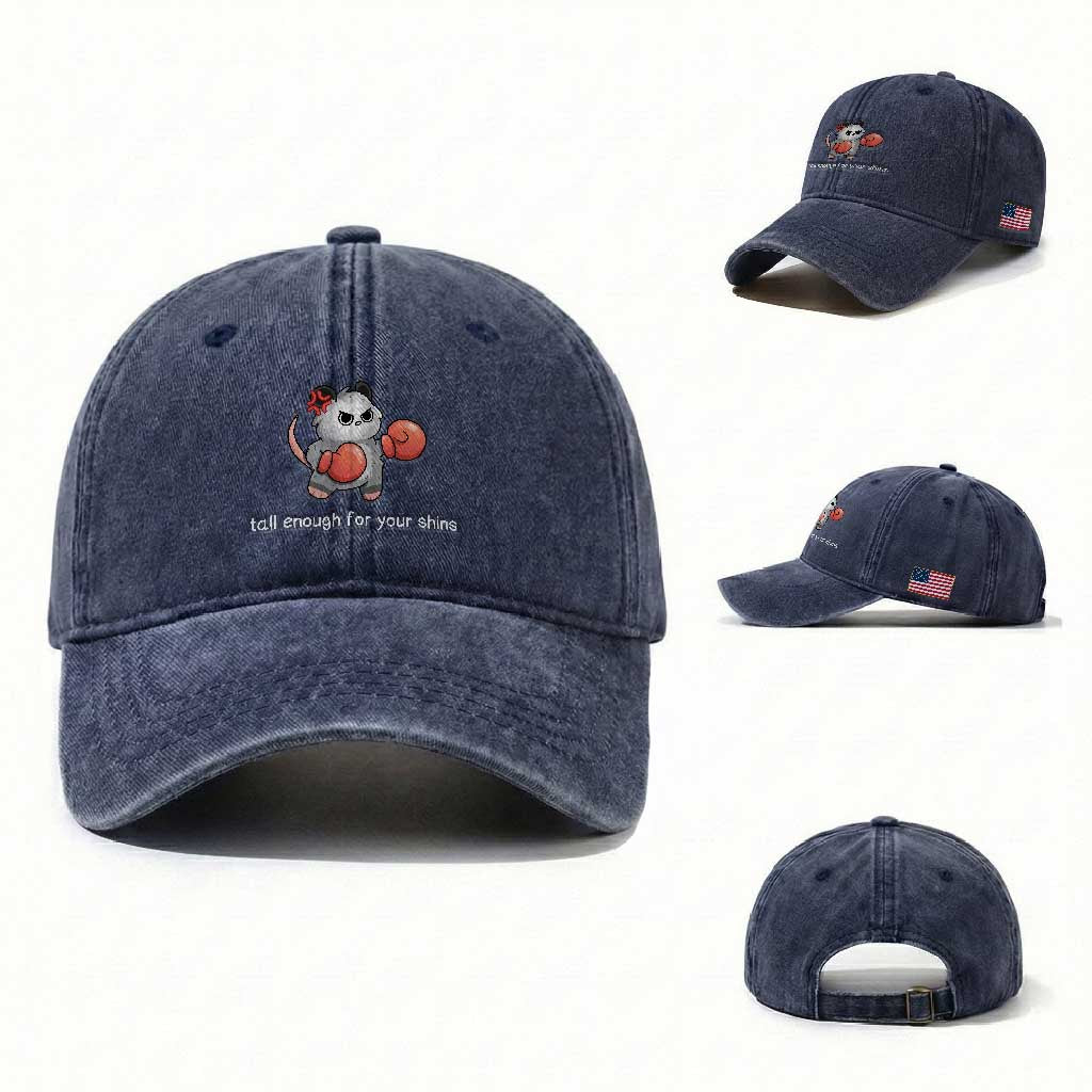 Tall Enough For Your Shins Washed Cotton Baseball Cap Funny Possum Sarcastic Meme TS14 Washed Cap Universal Fit Navy Print Your Wear