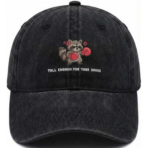 Tall Enough For Your Shins Washed Cotton Baseball Cap Funny Raccoon Sarcastic Meme TS14 Washed Cap Universal Fit Black Print Your Wear
