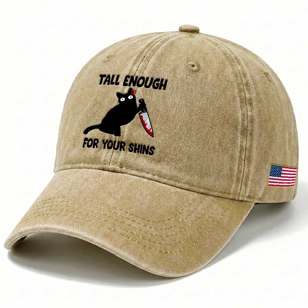 Tall Enough For Your Shins Washed Cotton Baseball Cap Funny Cat Sarcastic Meme TS14 Print Your Wear