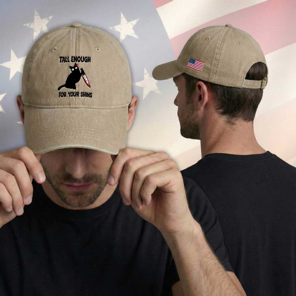 Tall Enough For Your Shins Washed Cotton Baseball Cap Funny Cat Sarcastic Meme TS14 Print Your Wear