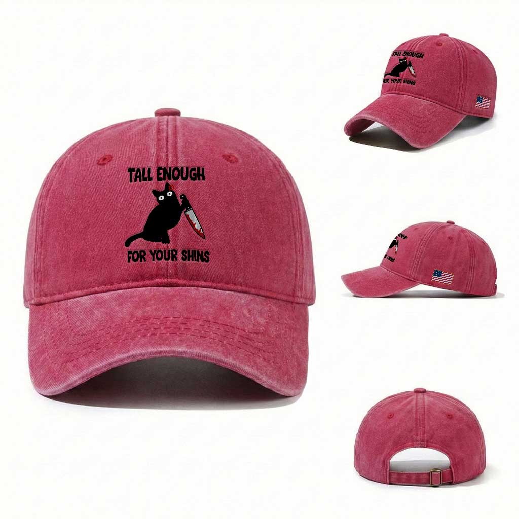 Tall Enough For Your Shins Washed Cotton Baseball Cap Funny Cat Sarcastic Meme TS14 Washed Cap Universal Fit Red Print Your Wear