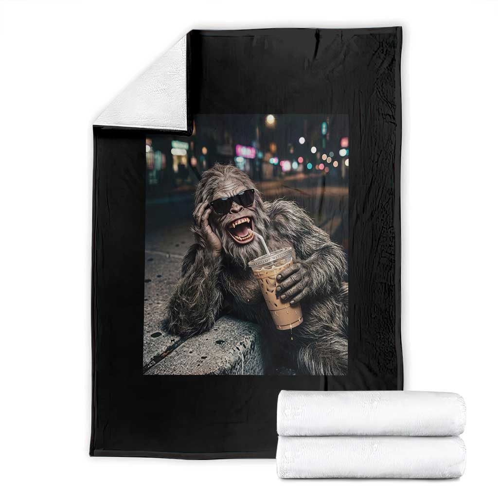 Bigfoot Drinking Iced Coffee Throw Blanket Funny Sasquatch Streetwear TS14 Black Print Your Wear