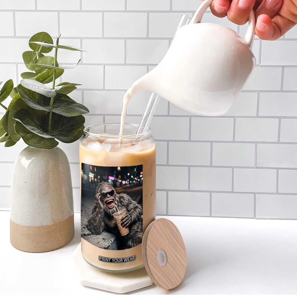 Bigfoot Drinking Iced Coffee Glass Can Funny Sasquatch Streetwear TS14 Print Your Wear