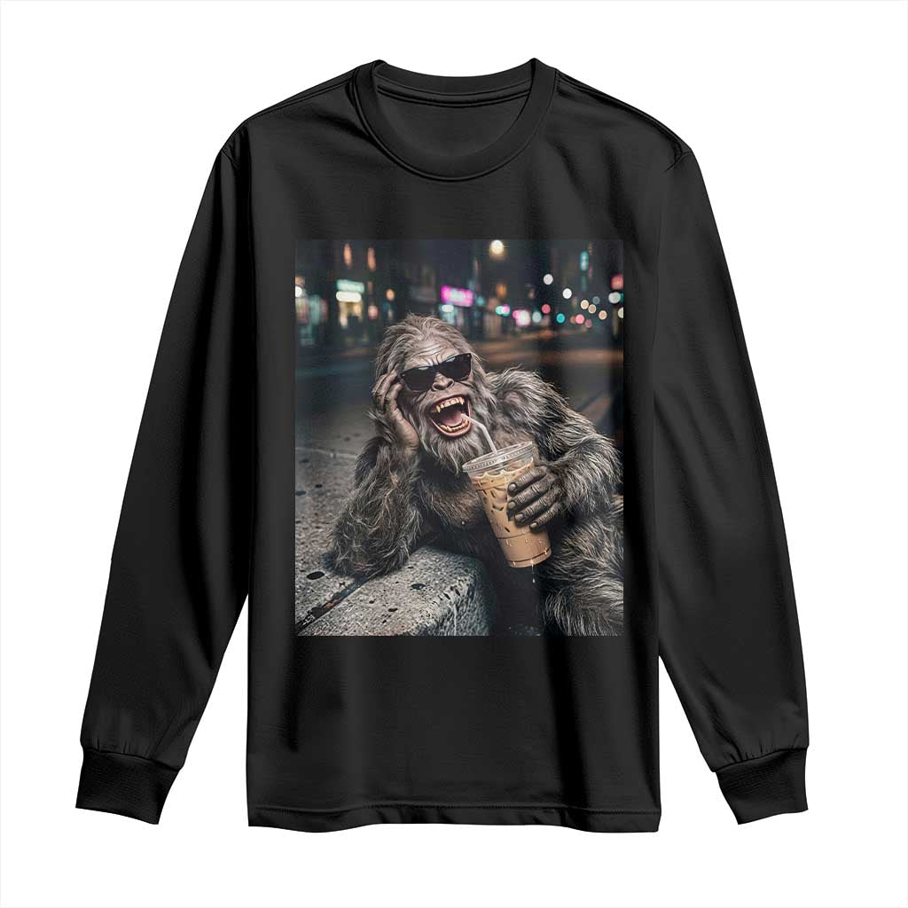 Bigfoot Drinking Iced Coffee Long Sleeve Shirt Funny Sasquatch Streetwear TS14 Black Print Your Wear